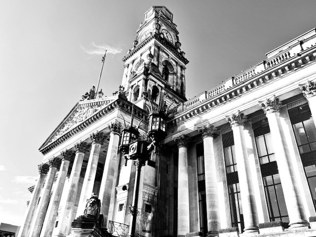 black and white photo of Portsmouth guildhall